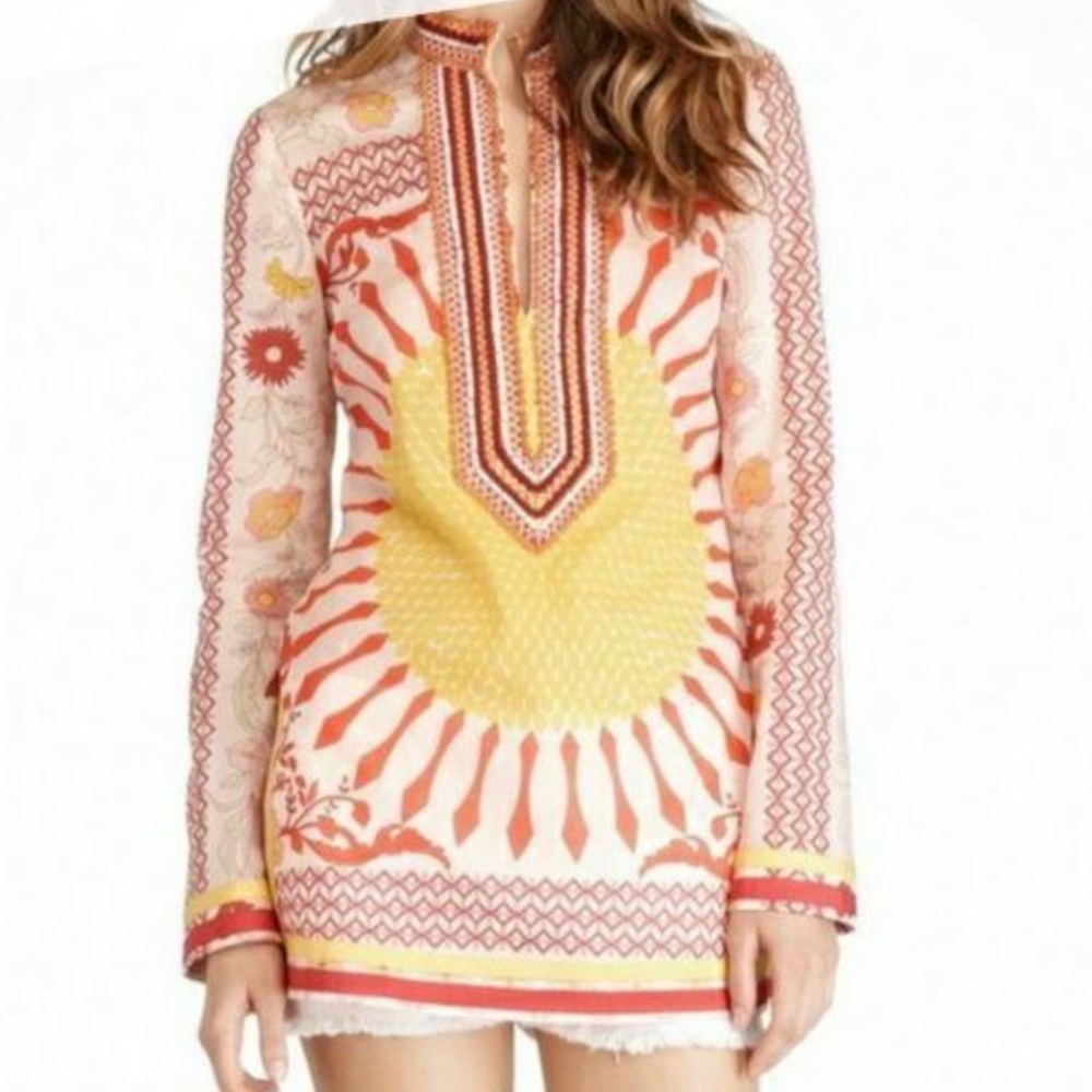 Tory Burch Yellow and Coral Printed Tunic